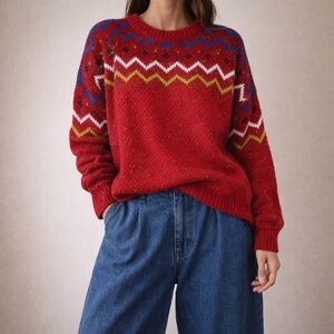 Vintage Zigzag Pattern Crewneck Slouchy Sweater Red Blue Eclectic Grandpa Large